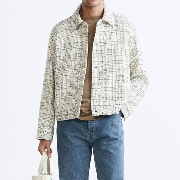 Zara Ivory Black Boucle Tweed Boxy Oversized Button Front Bomber Jacket Size M - Picture 1 of 16